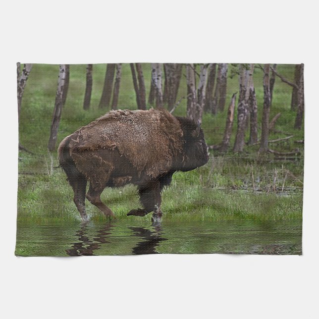 Running Buffalo & Forest, Bison-lover's Design Kitchen Towel (Horizontal)