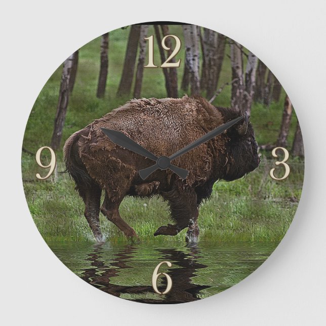 Running Buffalo & Forest, Bison-lover's Design Large Clock (Front)