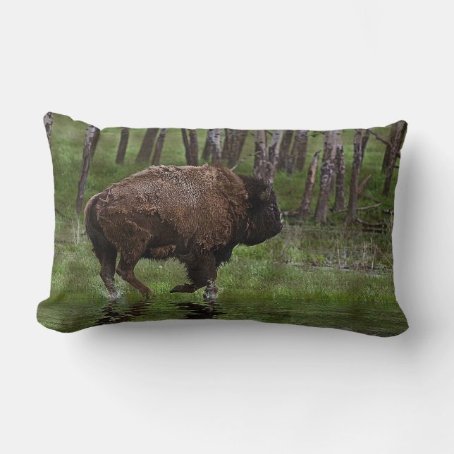 Running Buffalo & Forest, Bison-lover's Design Lumbar Pillow (Front)