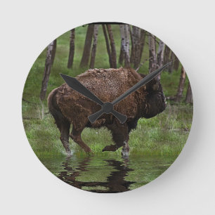 Running Buffalo & Forest, Bison-lover's Design Round Clock