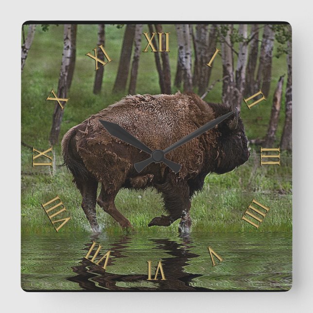 Running Buffalo & Forest, Bison-lover's Design Square Wall Clock (Front)