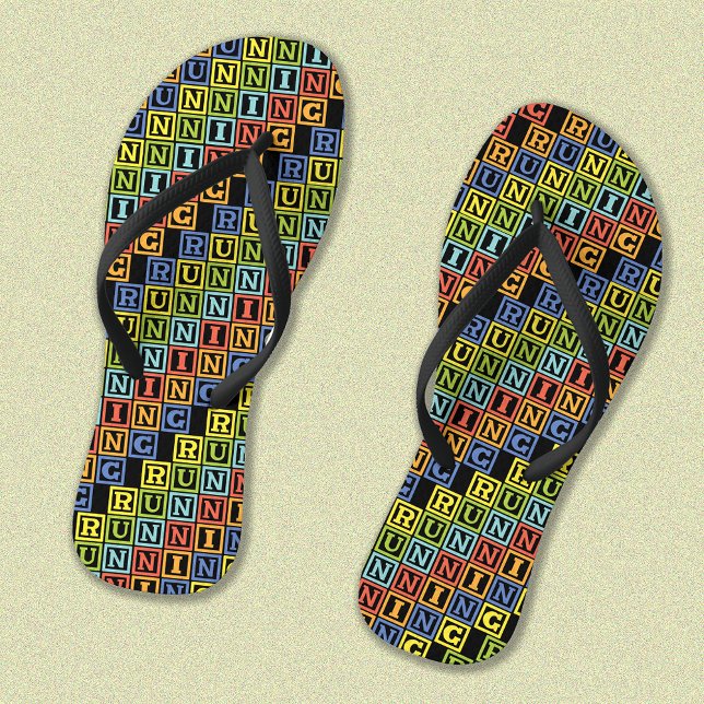 Running colourful lettering pattern flip flops (Showing narrow black straps)