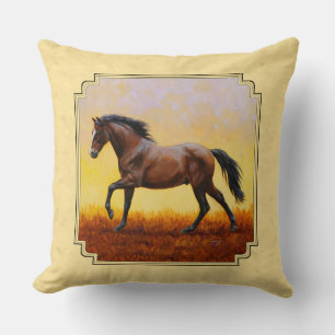 Running Dark Bay Horse Yellow Throw Pillow