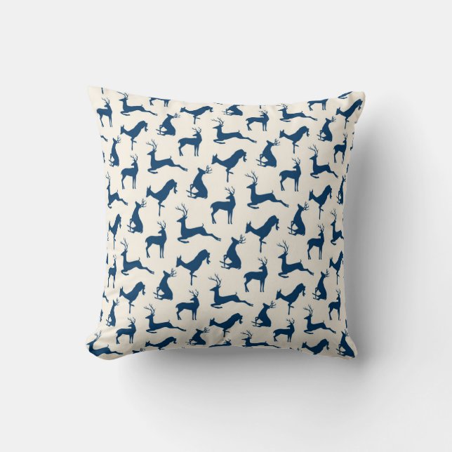 Running Deer and Buck Pattern in Blue on Cream Throw Pillow (Front)