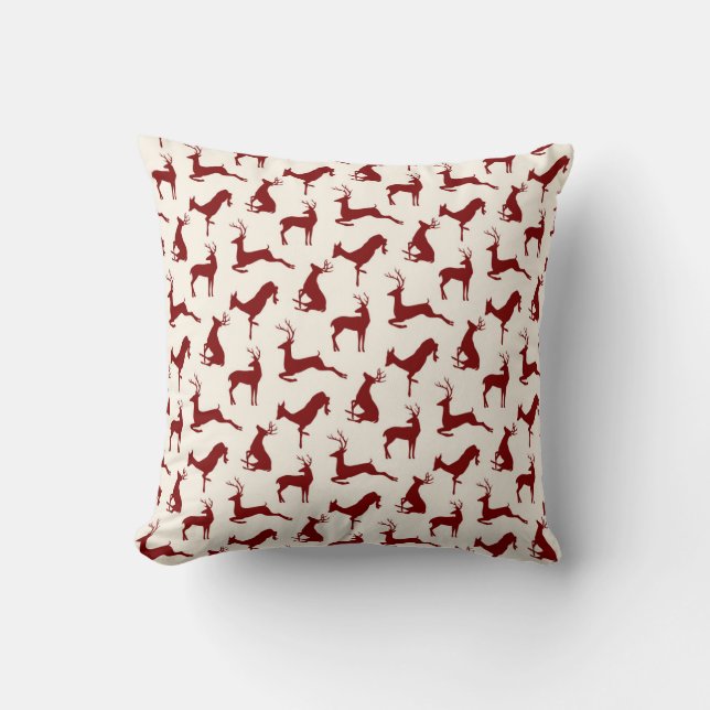 Running Deer and Buck Pattern in Red on Cream Throw Pillow (Front)