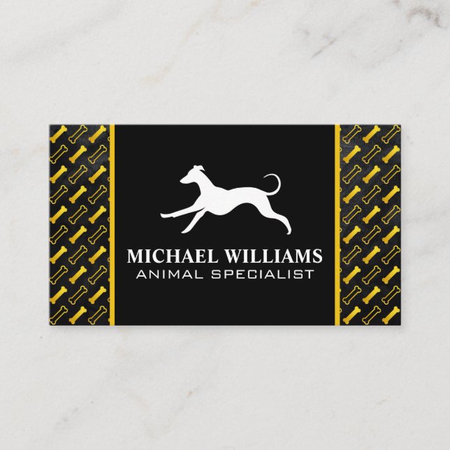 Running Dog Logo | Golden Bones Pattern Business Card (Front)