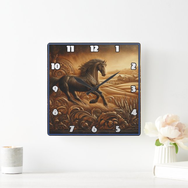 Running Horse in a Rustic Landscape at Dusk Square Wall Clock (Home)
