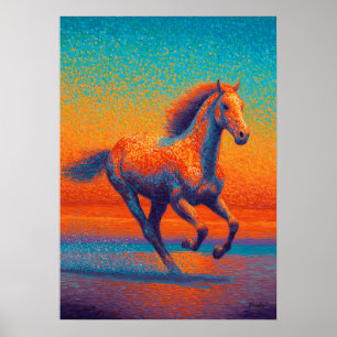 Running Horse Pointillism Beach Sunset Poster