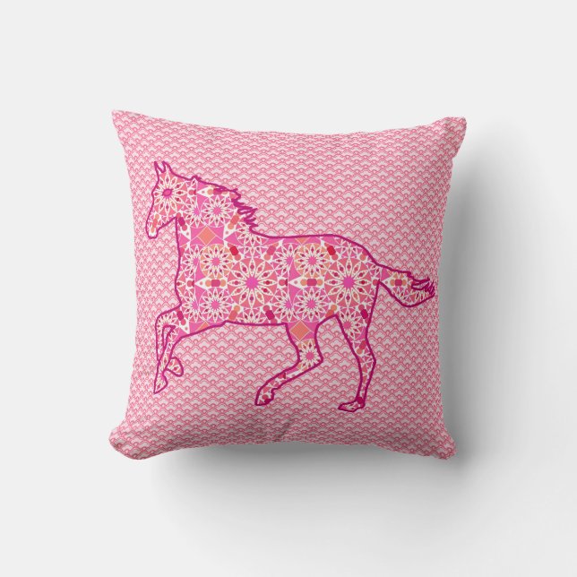 Running Horse Silhouette, Fuchsia and Coral Pink Throw Pillow (Front)