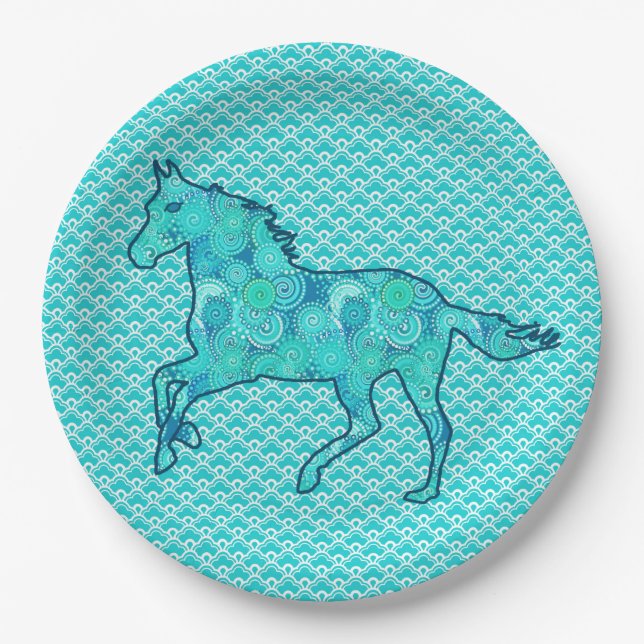Running Horse Silhouette, Turquoise and Aqua Paper Plate (Front)