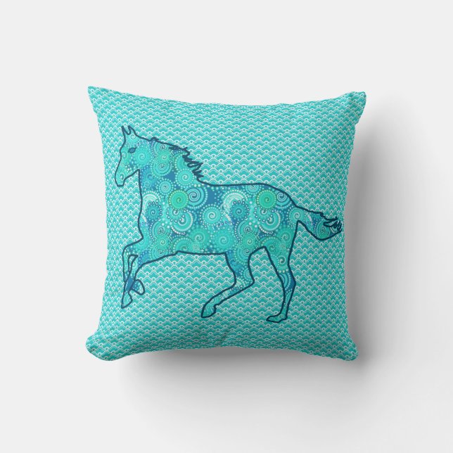 Running Horse Silhouette, Turquoise and Aqua Throw Pillow (Front)