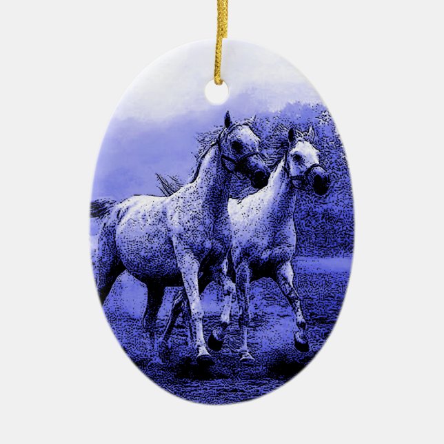 Running Horses & Blue Moonlight Ceramic Ornament (Front)