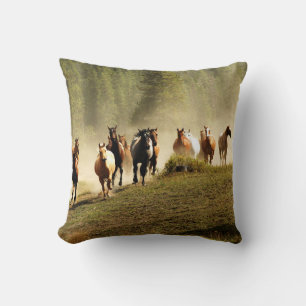 Running horses on Montana ranch Throw Pillow