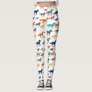 Running Horses Pattern - Turquoise Orange Gray Yel Leggings
