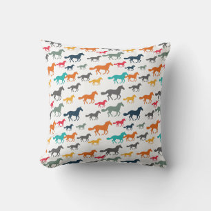 Running Horses Pattern - Turquoise Orange Grey Throw Pillow