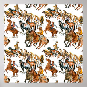 Running horses seamless pattern. American cowboy.  Poster