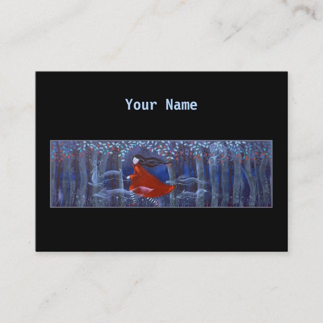 Running in the Woods at Night. On Black. Business Card (Front)