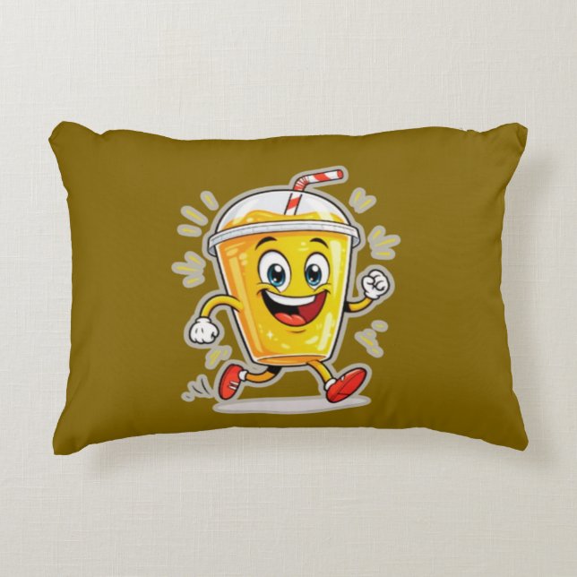 **Running Juice Cup Cartoon – Fun Street Drink Cha Accent Pillow (Front)