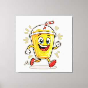 **Running Juice Cup Cartoon – Fun Street Drink Cha Canvas Print