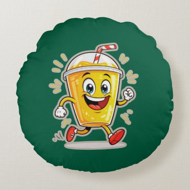 **Running Juice Cup Cartoon – Fun Street Drink Cha Round Pillow (Front)