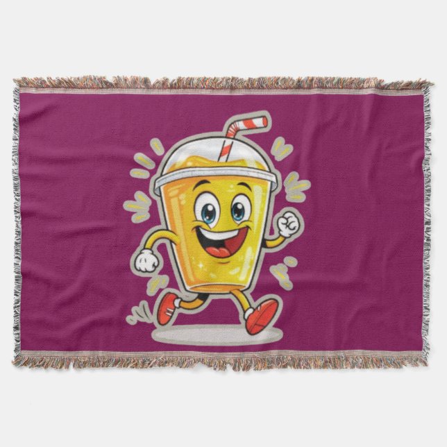 **Running Juice Cup Cartoon – Fun Street Drink Cha Throw Blanket (Front)