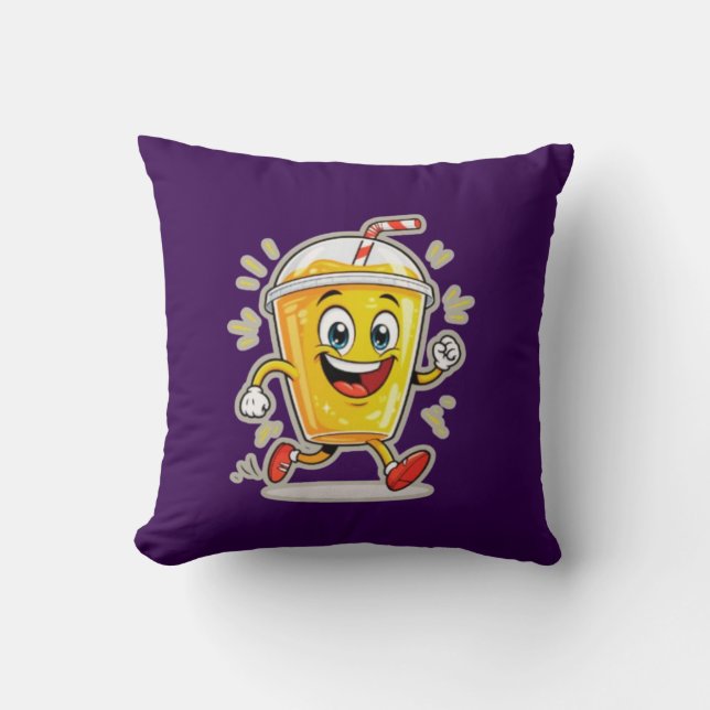 **Running Juice Cup Cartoon – Fun Street Drink Cha Throw Pillow (Front)
