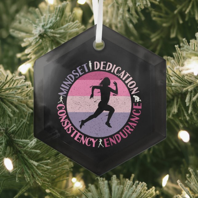Running Mindset - Girly Runner Endurance Quote Glass Ornament (Insitu)