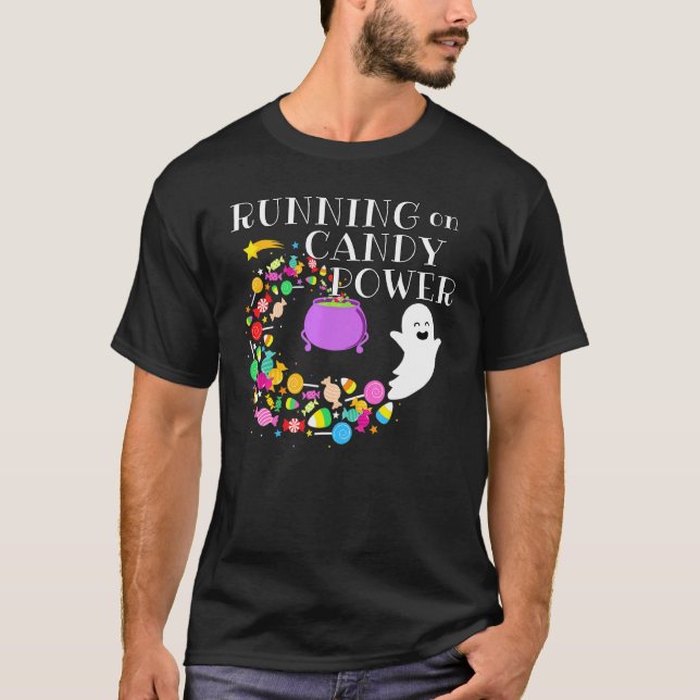 Running On Candy Power Happy Flying Ghost Hallowee T-Shirt (Front)