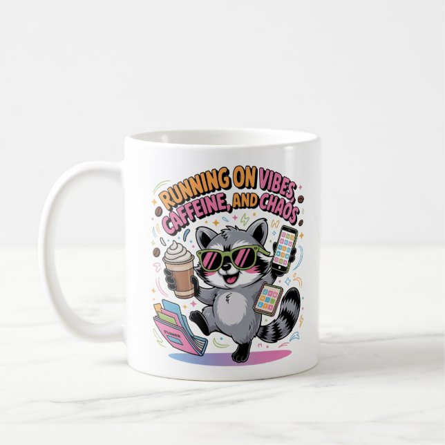 Running on Vibes, Caffeine and Chaos Chibi Raccoon Coffee Mug (Left)