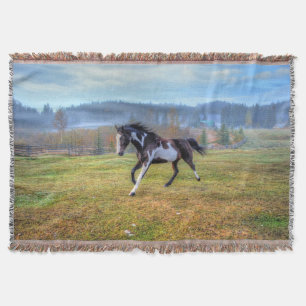 Running Pinto Paint Horse & Misty Morning on Ranch Throw Blanket