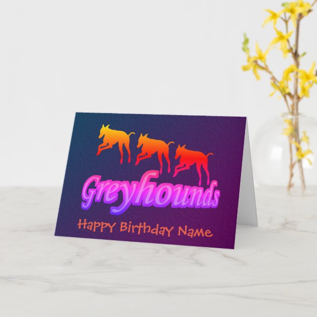 Running Rainbow Greyhounds Personalized Birthday  Card (Yellow Flower)