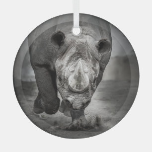 Running Rhinoceros: Wild Animal Portrait. Glass Ornament