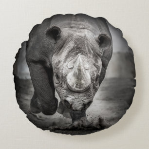 Running Rhinoceros: Wild Animal Portrait. Round Pillow
