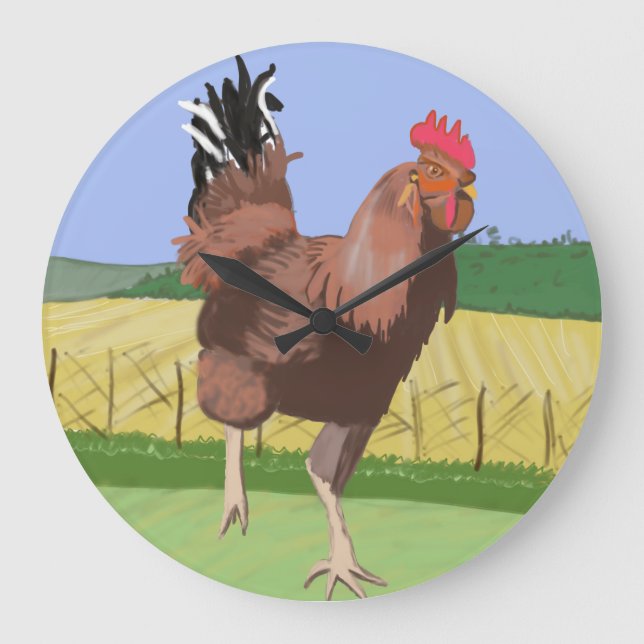 Running Rooster in the Countryside Large Clock (Front)