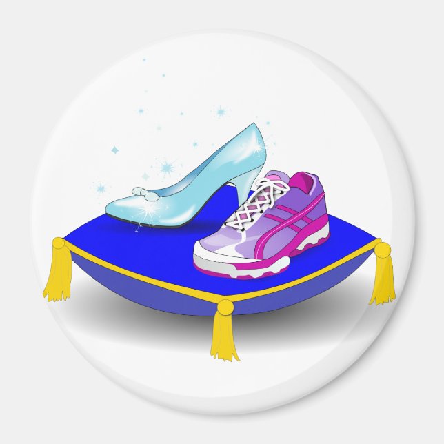 Running shoe and princess glass slipper on pillow magnet (Front)