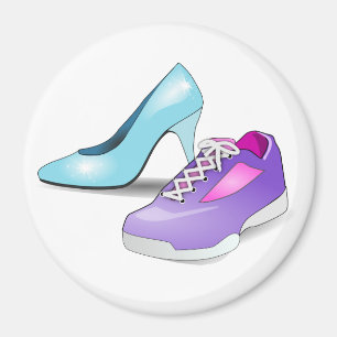 Running sneaker and princess high heeled shoe magnet
