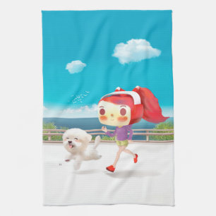 Running with Dog by the Sea Kitchen Towel