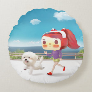 Running with Dog by the Sea Round Pillow