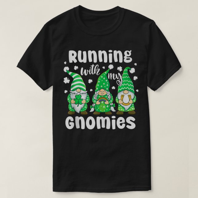 Running With My Gnomies Retro Rainbow St Patricks  T-Shirt (Design Front)