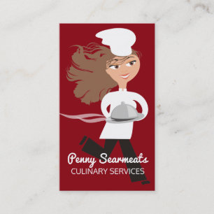 Running woman chef dome platter catering culinary business card