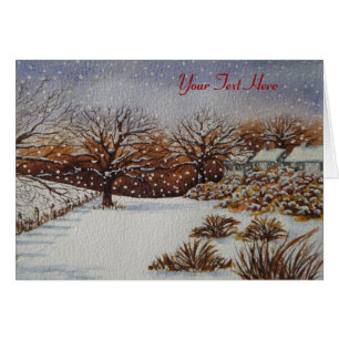 rural cottages and trees snow scene