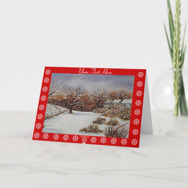 rural cottages snow scene atmospheric seasonal holiday card (Front)