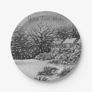  rural cottages snow scene christmas monochrome paper plate
