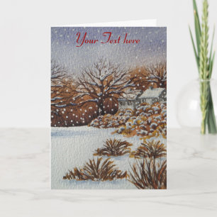 rural cottages snow scene original seasonal art holiday card