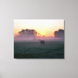 Rural Cow in the Sunrise Mist 3-Panel Canvas Print