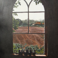 Rural landscape view from church window painting
