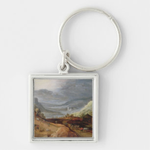 Rural Landscape with a Farmer Bridling Horses, a P Keychain