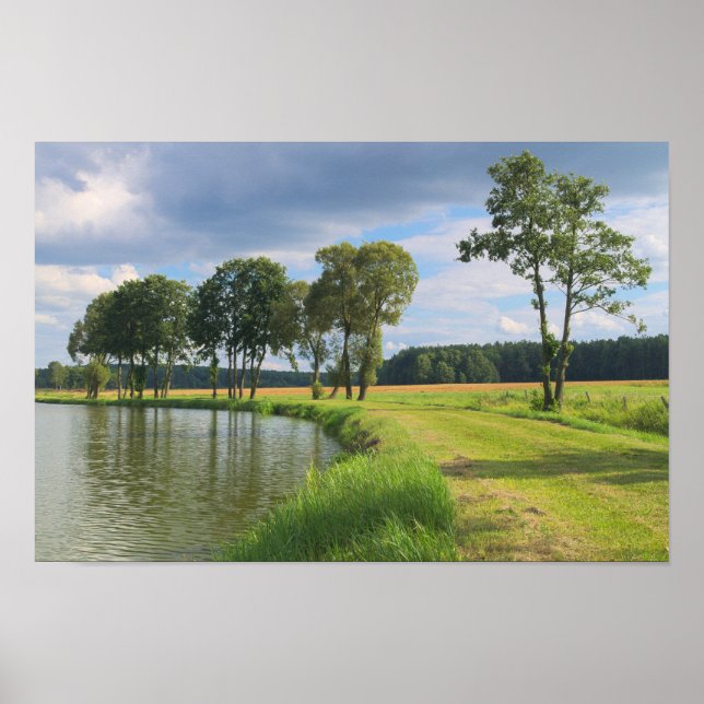 Rural landscape with trees, water and cloudy sky poster (Front)