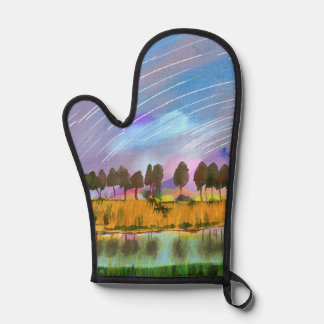 Rural scene with star trails landscape watercolor oven mitt