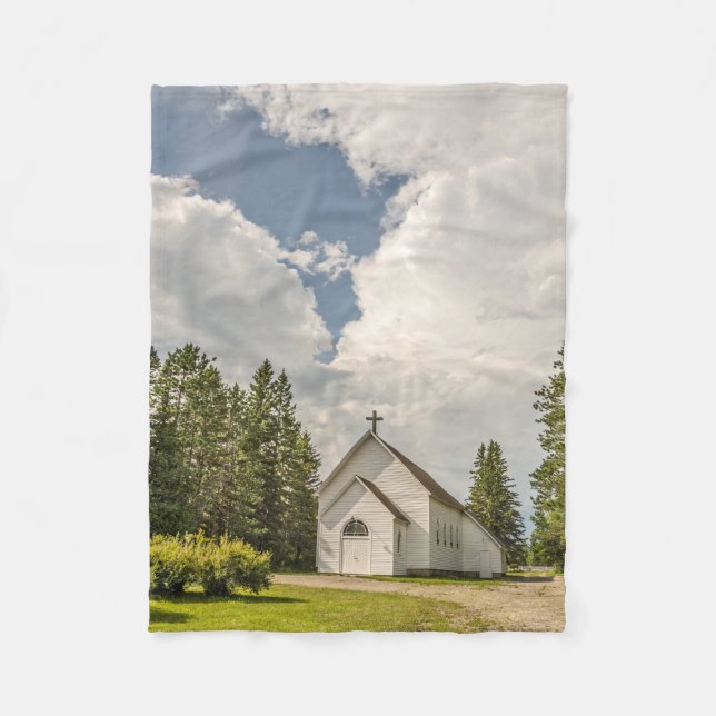 Rural White Church with a Cross and Amazing Clouds Fleece Blanket (Front)